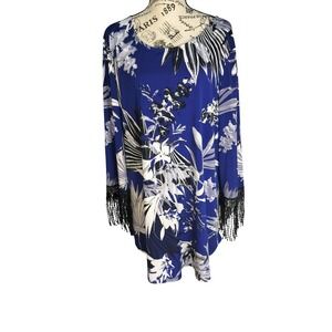 Alfani Women XL Blue Tropical Floral Tunic Top Fringe Crochet Lace Long Sleeve